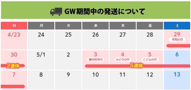 ゴールデンウィーク期間中の発送について
